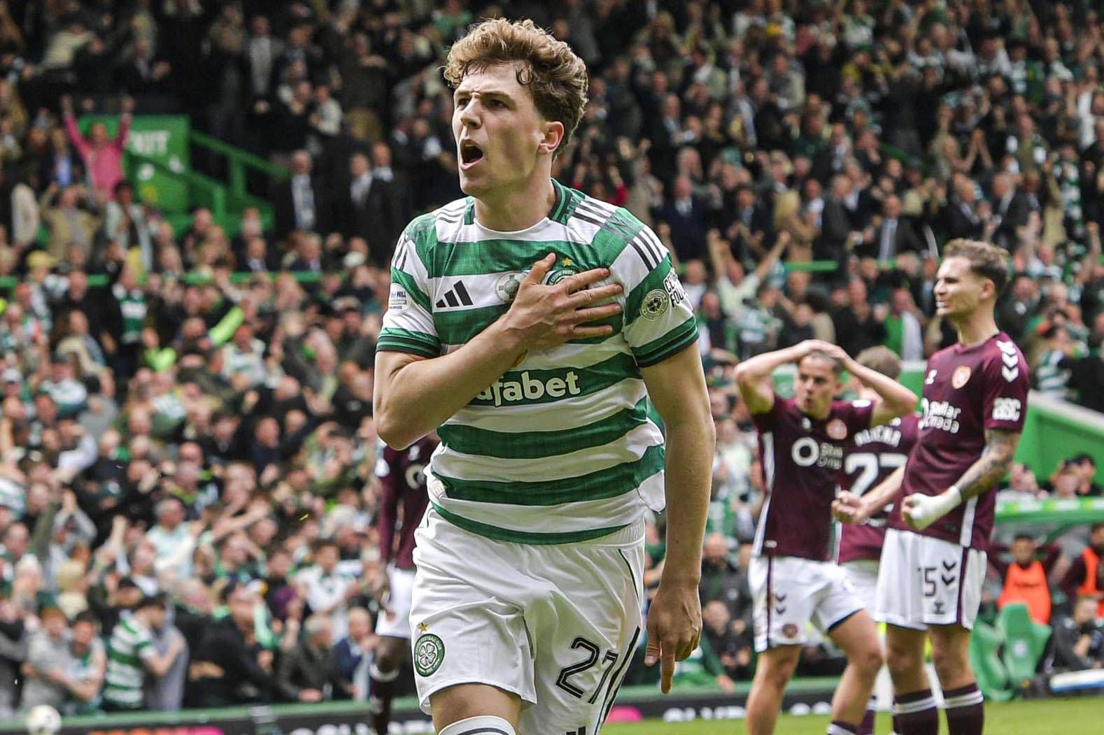 Arne Engels of Celtic scores his sides first goal of the match from the penalty spot and celebrates his goal