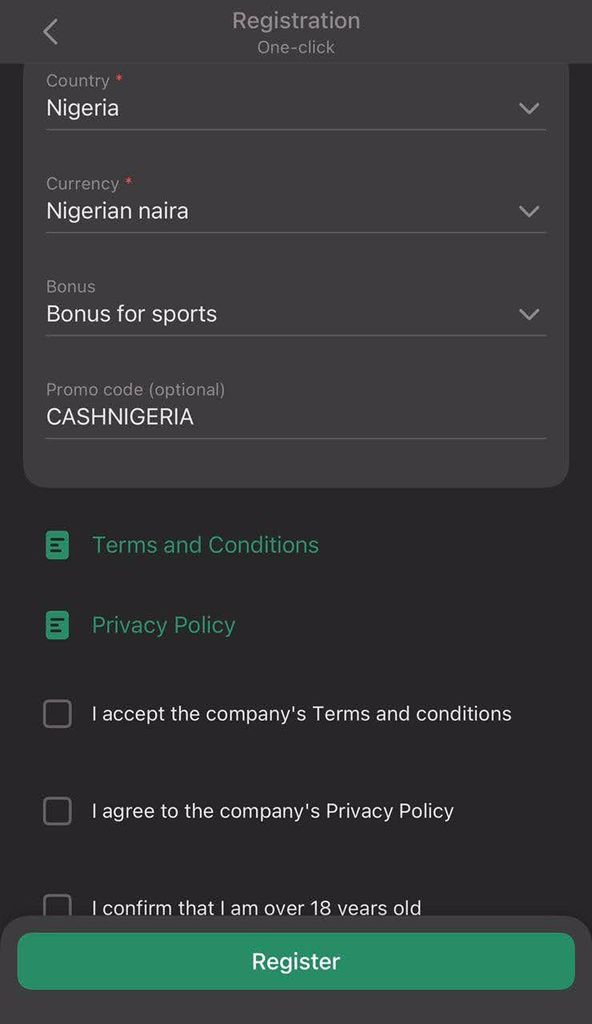 Betwinner code promo CASHNIGERIA entered in the registration form.