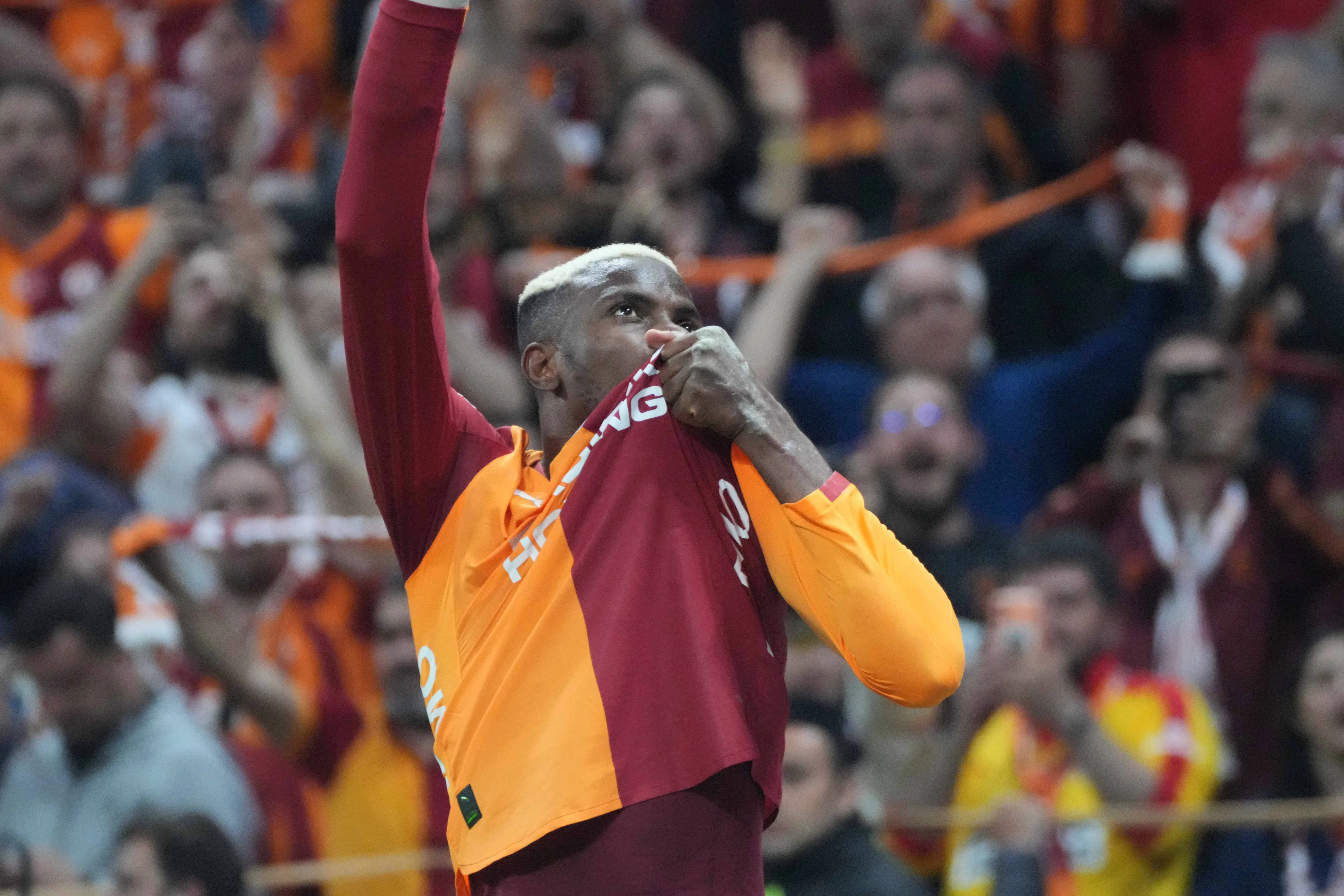 Victor Osimhen of Galatasaray victory celebrates after the Trendyol Super League match between Galatasaray SK and Fenerbahce SK at Rams Park Stadium on April 26, 2026 in Istanbul, Turkey