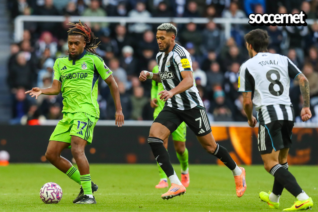 Alex Iwobi is chased down by Joelinton during the Newcastle United v Fulham Premier League match at St. James Park, Newcastle Upon Tyne, England on 25 October 2025