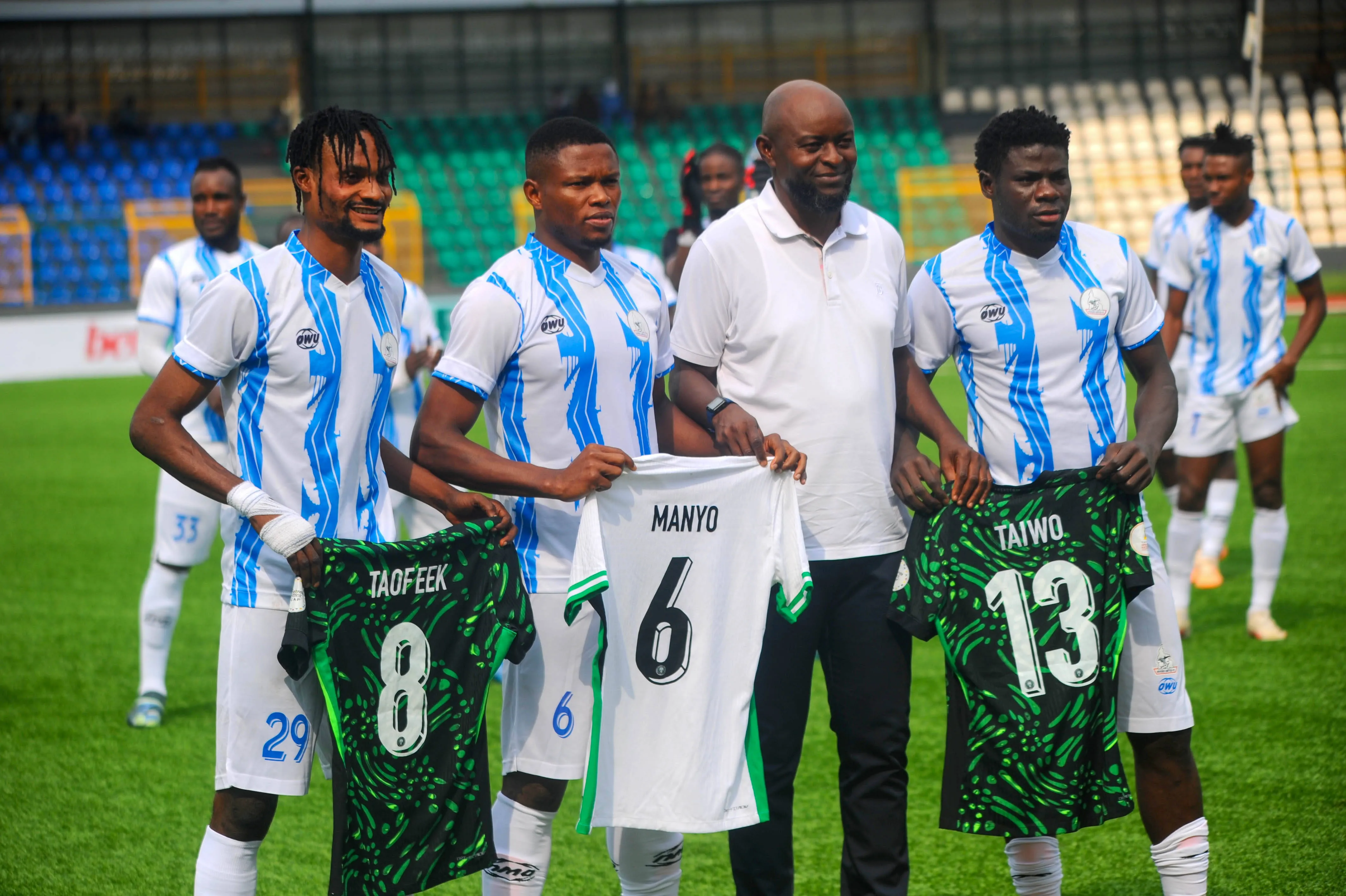 Coach Finidi George, Taofeek Otaniyi, Stephen Manyo and Taiwo AbdulRafiu of Rivers during the Nigeria Premier Football League