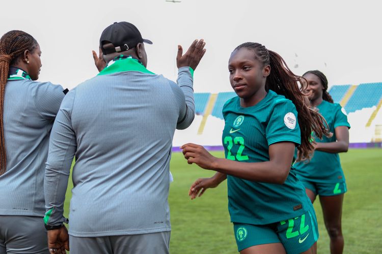 Super Falcons head coach Justin Madugu and Michelle Alozie
