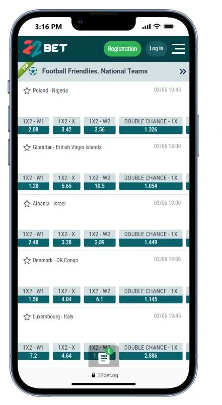 22bet mobile site showing football fixtures and markets.