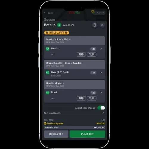Bet9ja betslip showing Mexico vs South Africa, Korea Republic vs Czech Republic, and Brazil vs Morocco and a free bet bonus stake.