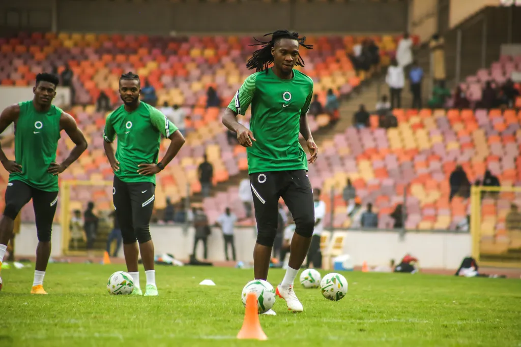 Olisa Ndah with ball of Nigeria during the Super Eagles training in preparations for the 2022 Africa Cup of Nations on January 4, 2022 at Moshood Abiola Stadium