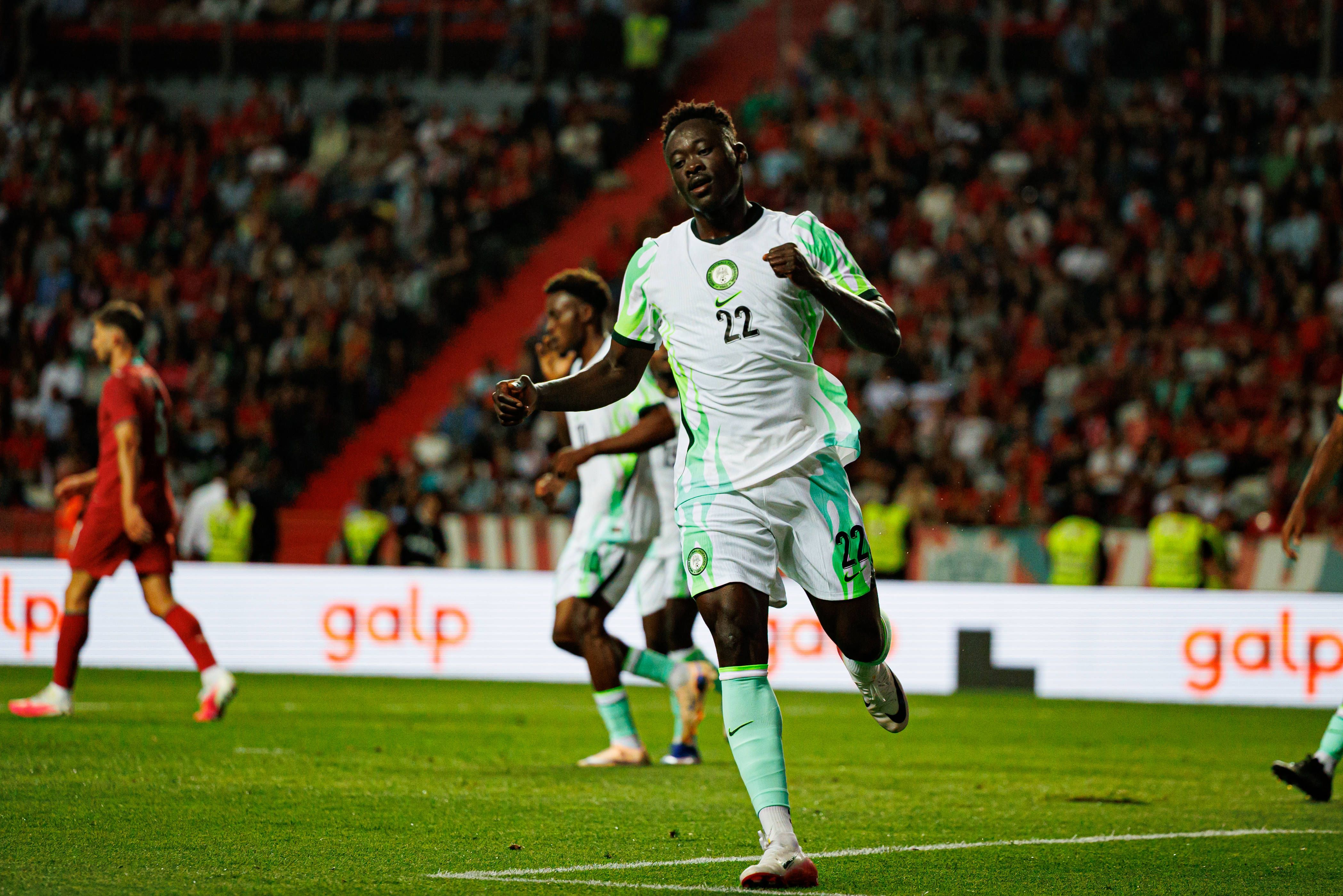 Akor Adams seen celebrating after scoring a goal against Portugal