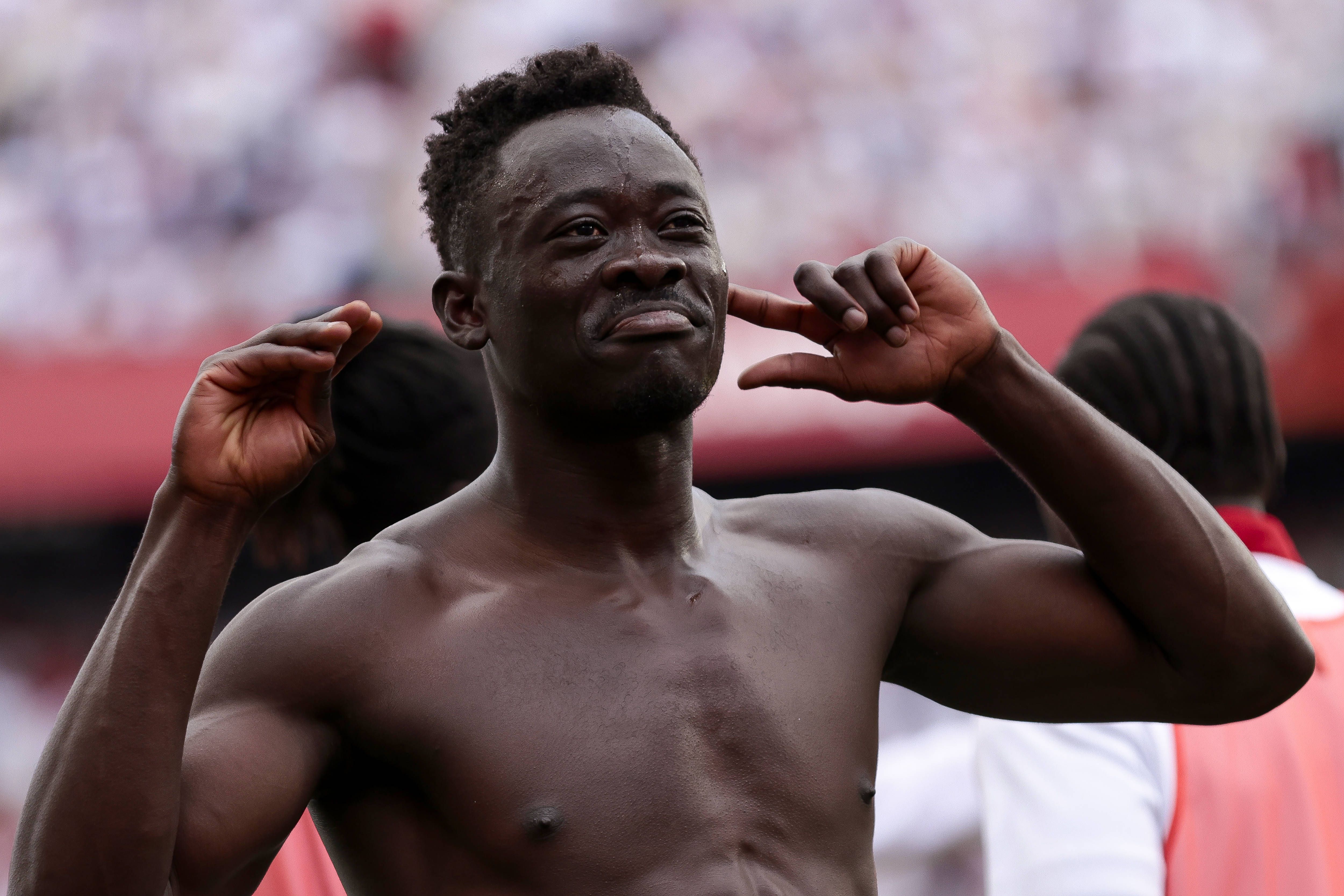Akor Adams celebrates a goal during the La Liga EA Sports match between Sevilla FC and RCD Espanyol
