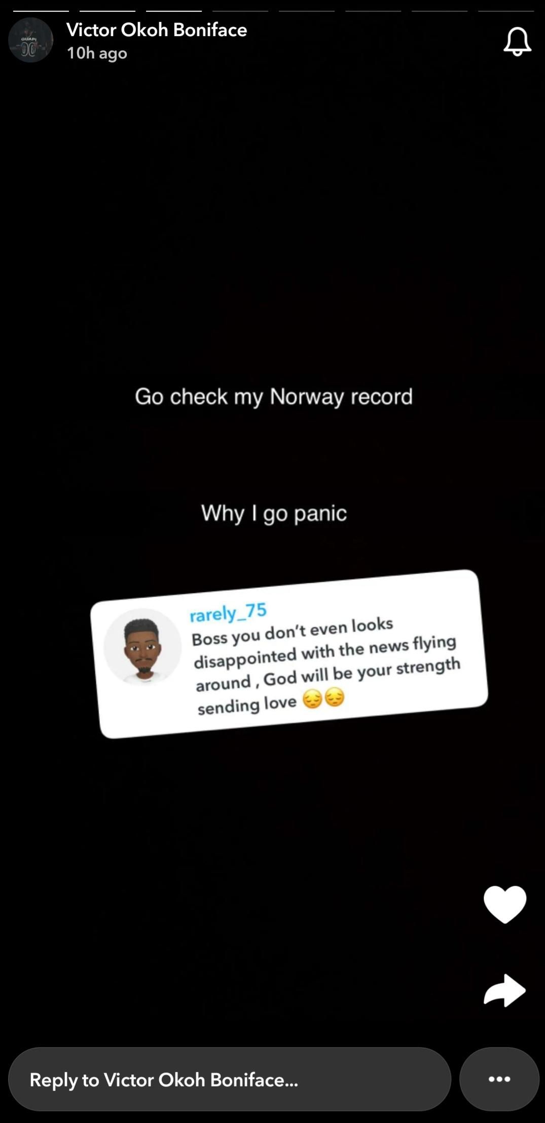 Victor Boniface responds to fan on Snapchat