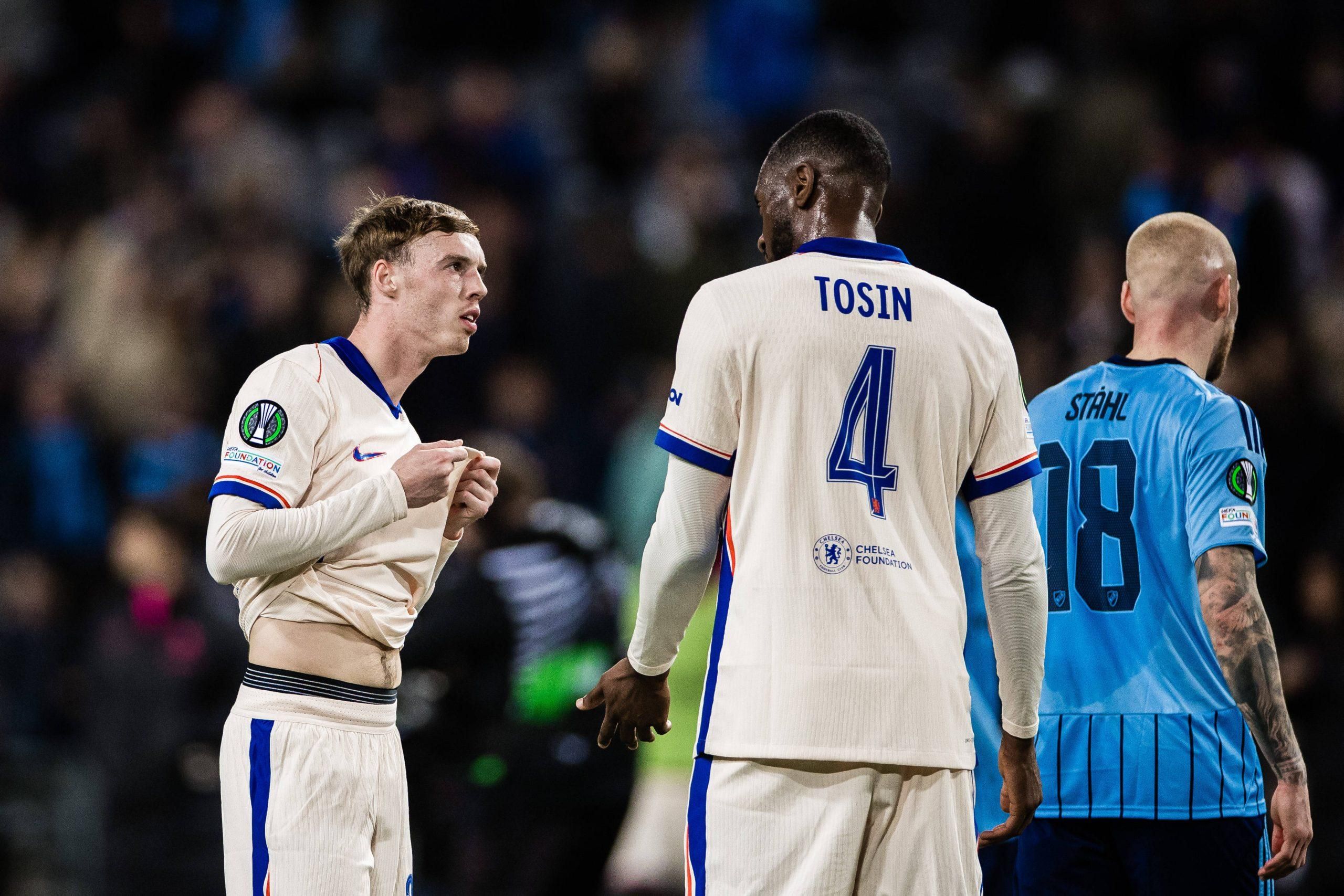 Cole Palmer and Tosin Adarabioyo of Chelsea after the UEFA Conference League semifinal between Djurgarden and Chelsea