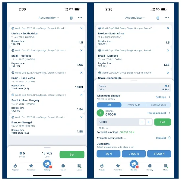 1xBet betslip showing 2026 FIFA World Cup match selections with a ₦5,000 stake entered to demonstrate bonus wagering requirements.