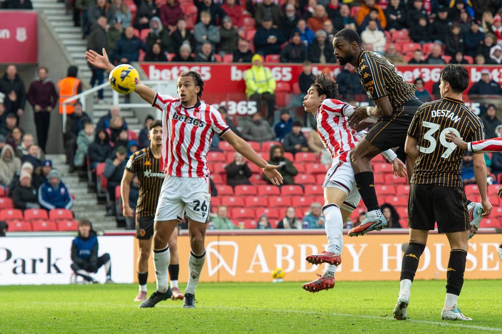 Semi Ajayi heads home to score his first goal for Hull City in their 2-1 win over Stoke City