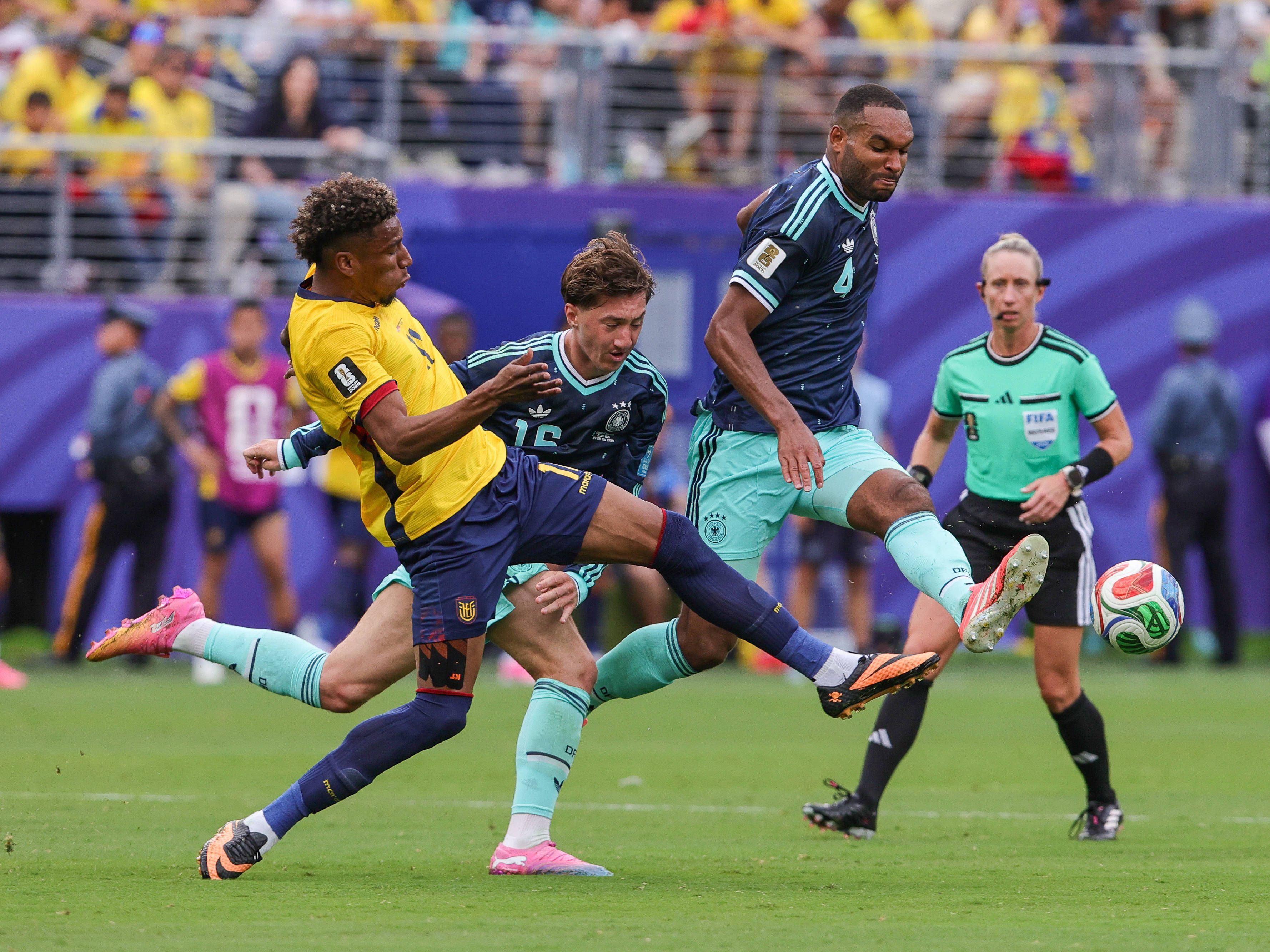   Germany defender JONATHAN TAH 4 kicks the ball while Ecuador forward KEVIN RODRIGUEZ