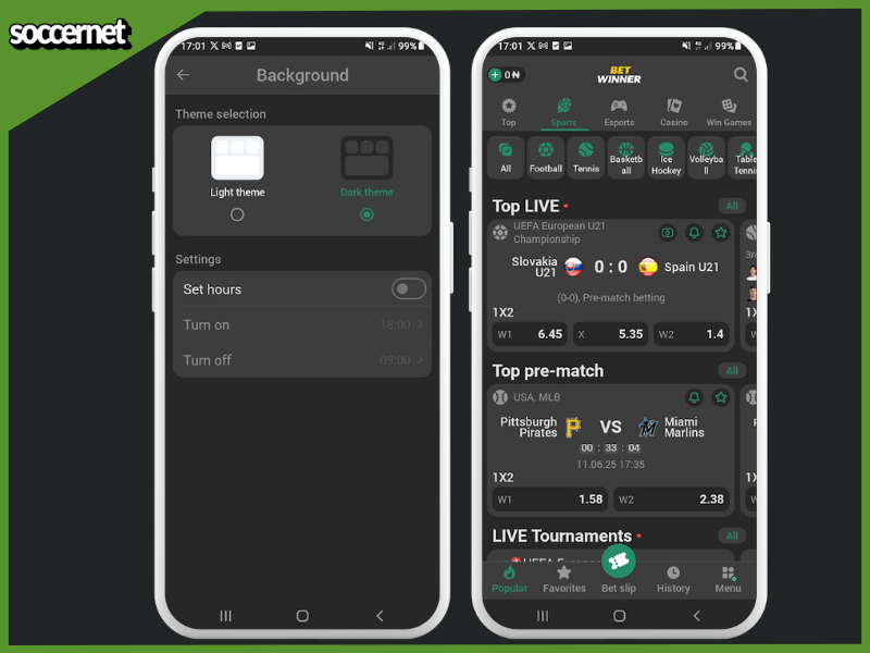 Betwinner app dark themed interface