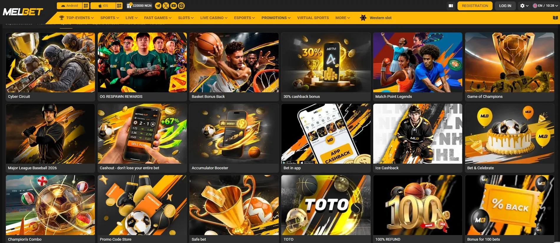 Melbet's promotions tab showing current sportsbook offers for existing players.