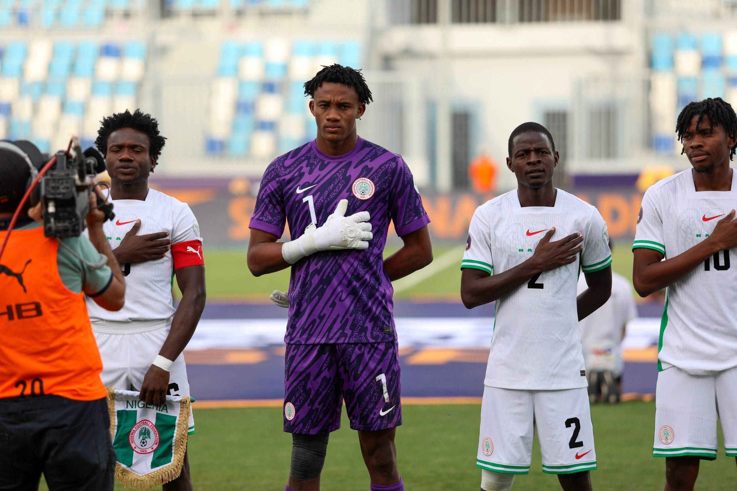 Daniel Kolocho Bameyi Ebenezer Ifeanyi Harcourt Adamu Bajibir Maigana and Israel Isaac Ayuma of Nigeria during the men U20 Caf Africa Cup of Nations Semi Final match between South Africa and Nigeria