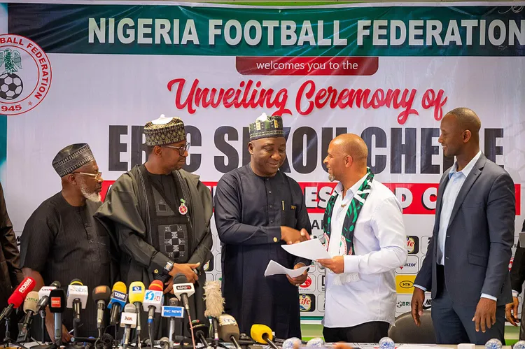 President of the Nigeria Football Federation Ibrahim Musa Gusau and Super Eagles head coach Eric Chelle