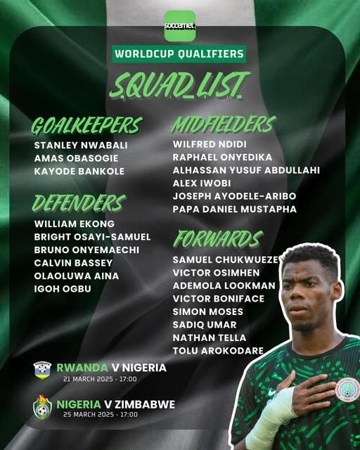 Nigeria Super Eagles World Cup qualifiers squad. Image Credit: Soccernet.ng 