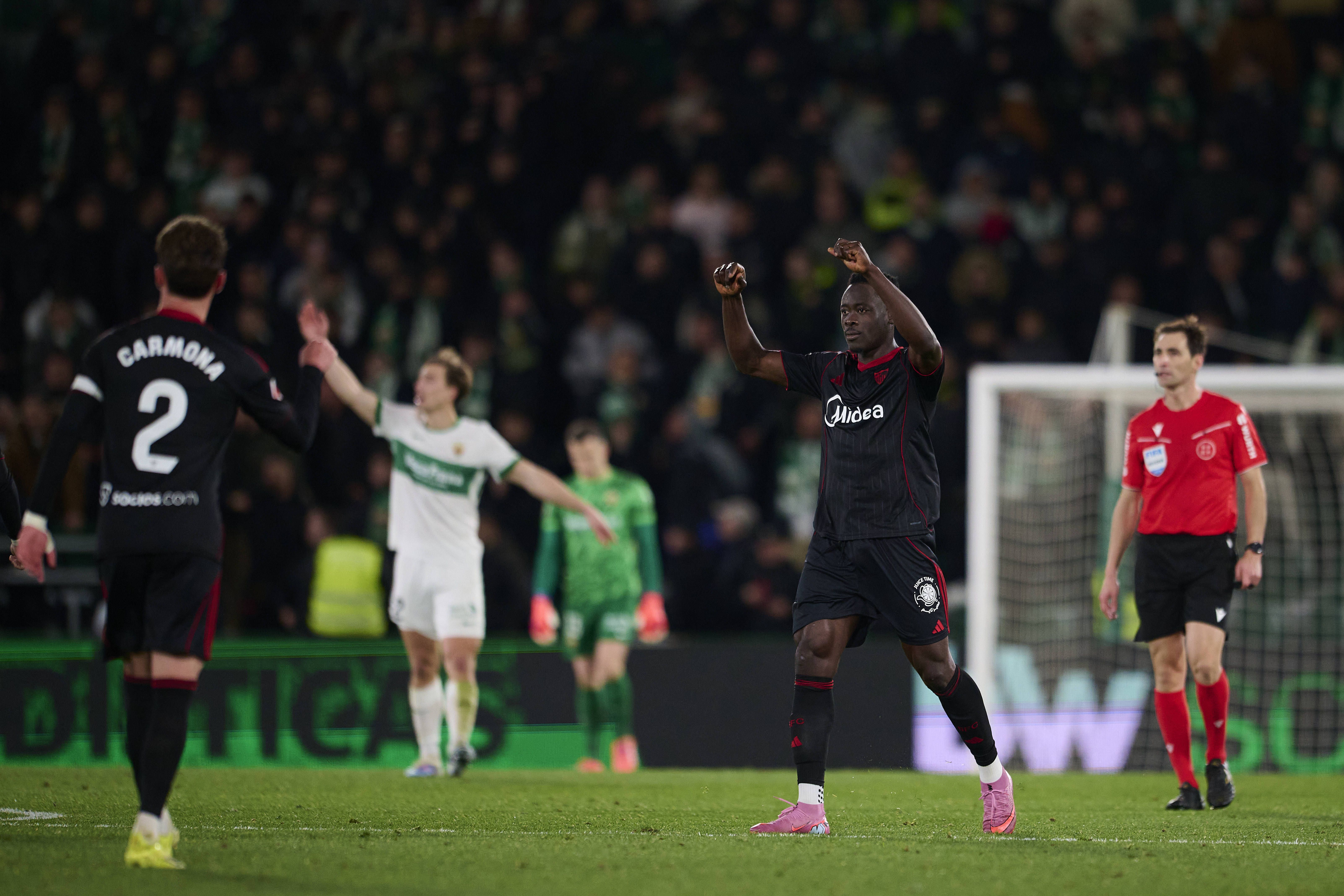 Akor Adams celebrates after scoring his team's second goal during to the LaLiga match between Elche CF and Sevilla