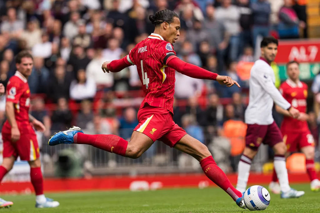 Virgil van Dijk is in action during the Premier League match between Liverpool and West Ham United at Anfield in Liverpool, England