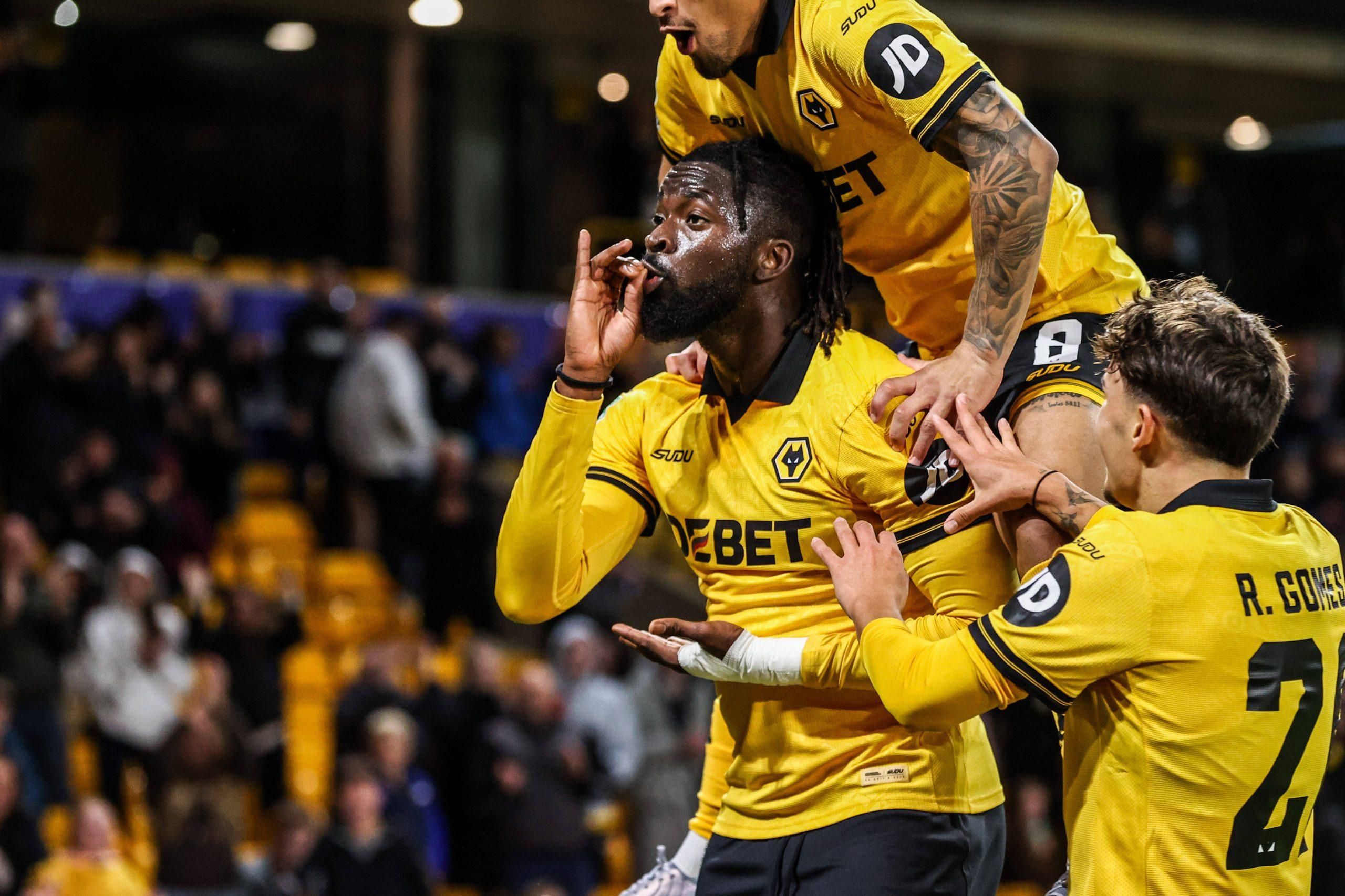 Tolu Arokodare celebrates his goal to make it 2-0 during the Carabao Cup round 3 match Wolverhampton Wanderers vs Everton at Molineux