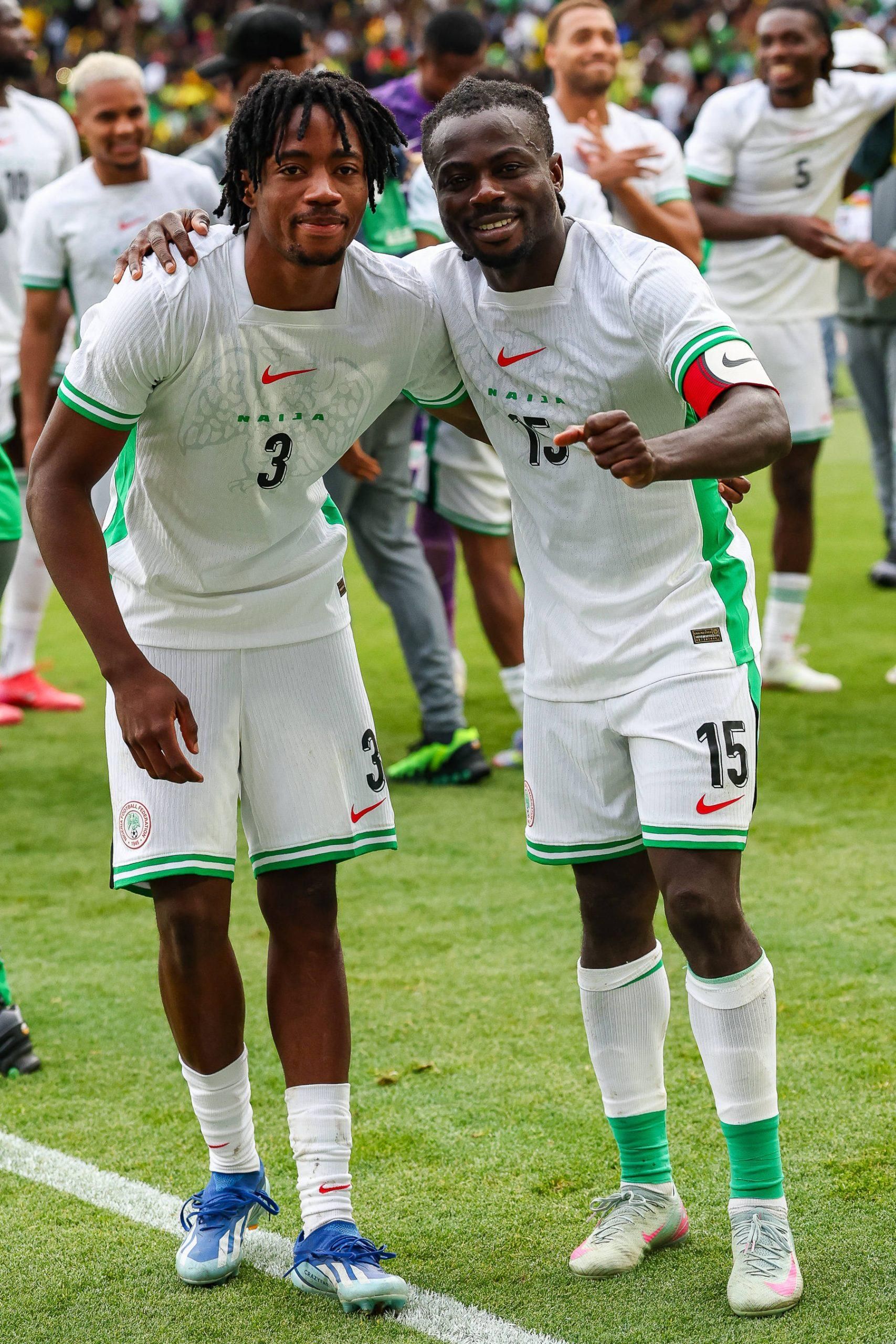 Final Nigeria defender Benjamin Fredrick 3 celebrates with Nigeria forward Moses Daddy Simon 15 after winning the Unity Cup after the Unity Cup Final 