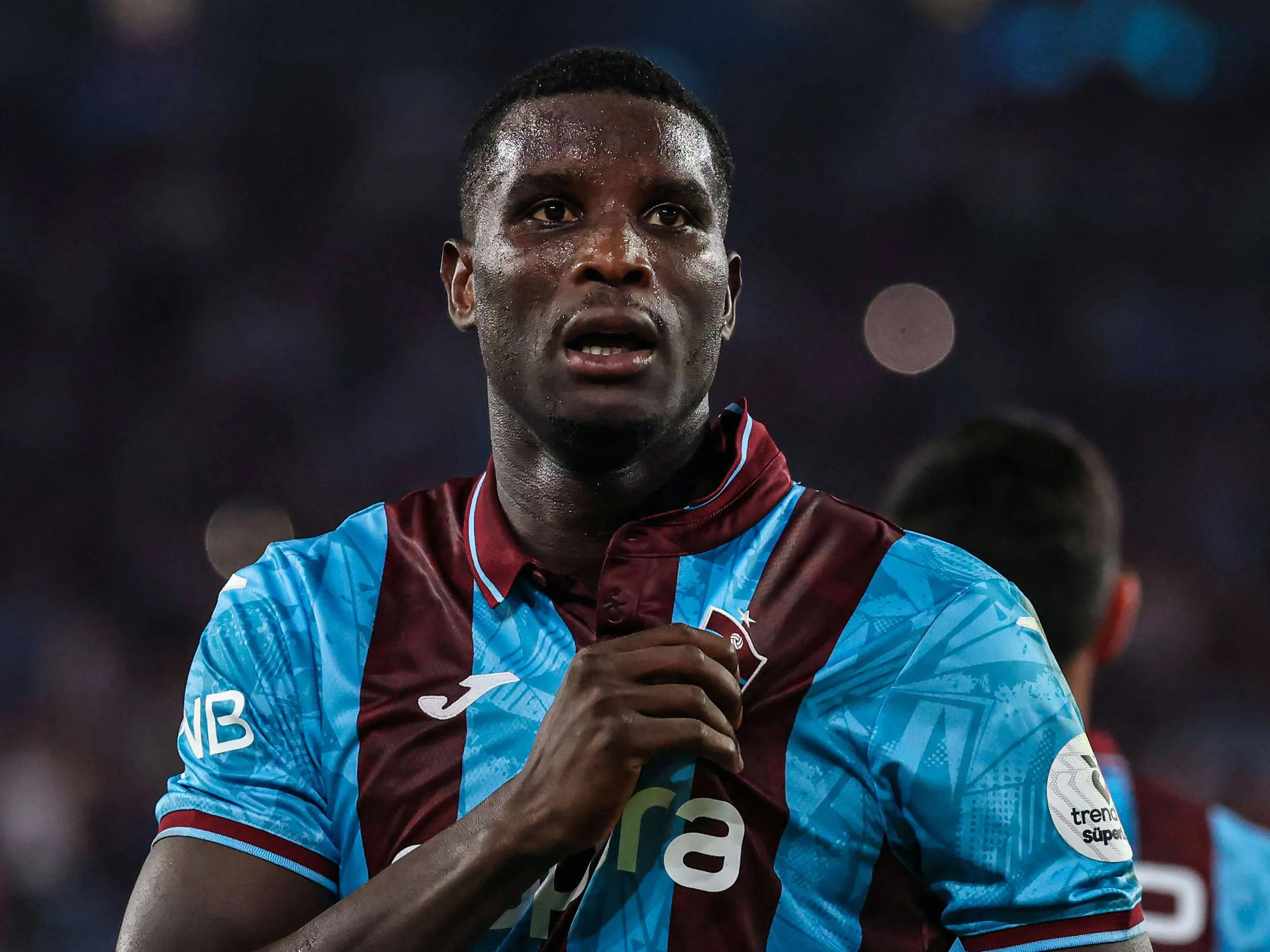 Paul Onuachu of Trabzonspor celebrates after scoring the first goal of his team during the Turkish Super League 2025/2026 season first week match between Trabzonspor and Kocaelispor at Papara Park stadium in Trabzon