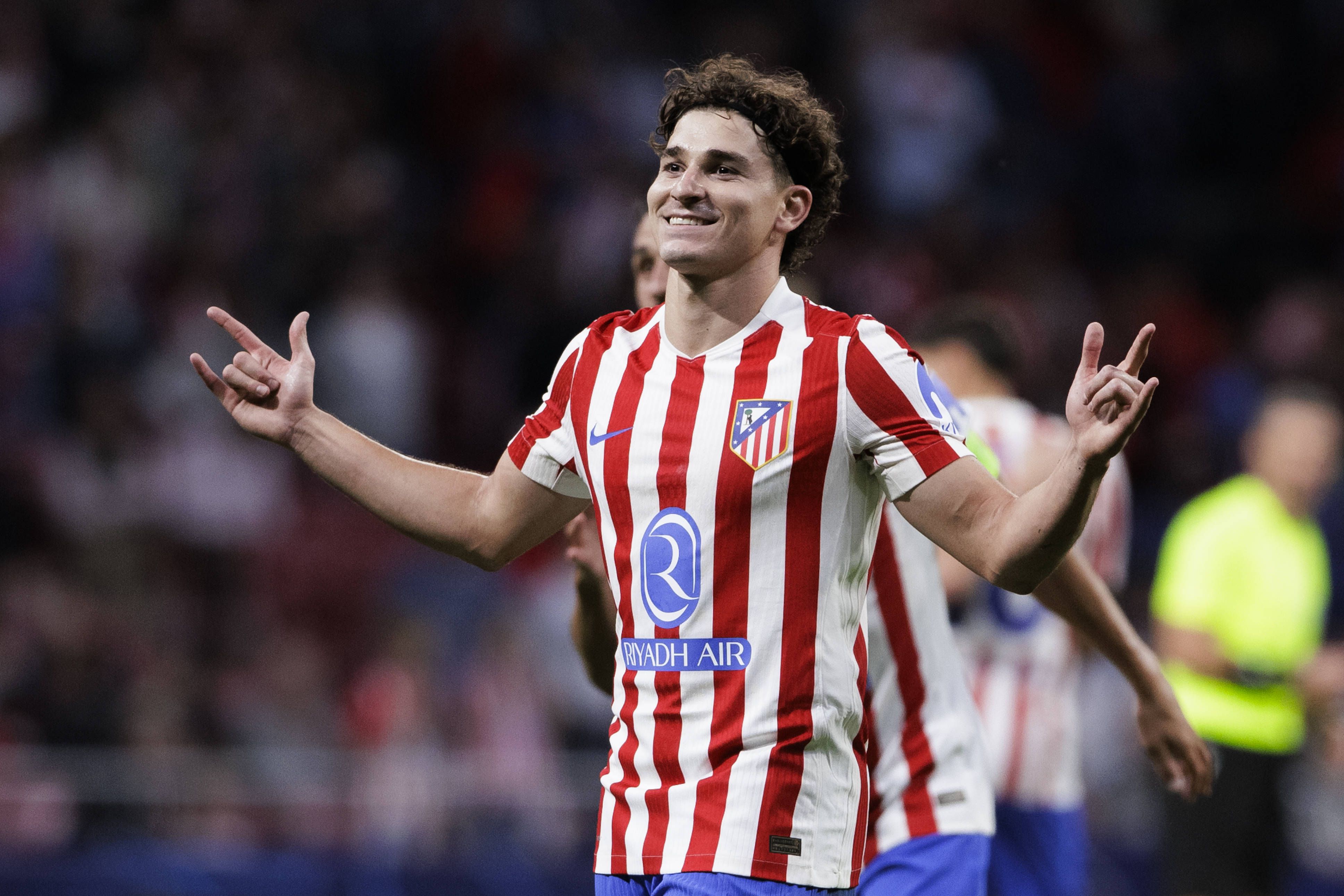 Julian Alvarez of Atletico de Madrid celebrates a goal during UEFA champions league 2025/26 match between Atletico de Madrid and Eintracht at Riyadh Air Metropolitano Stadium.