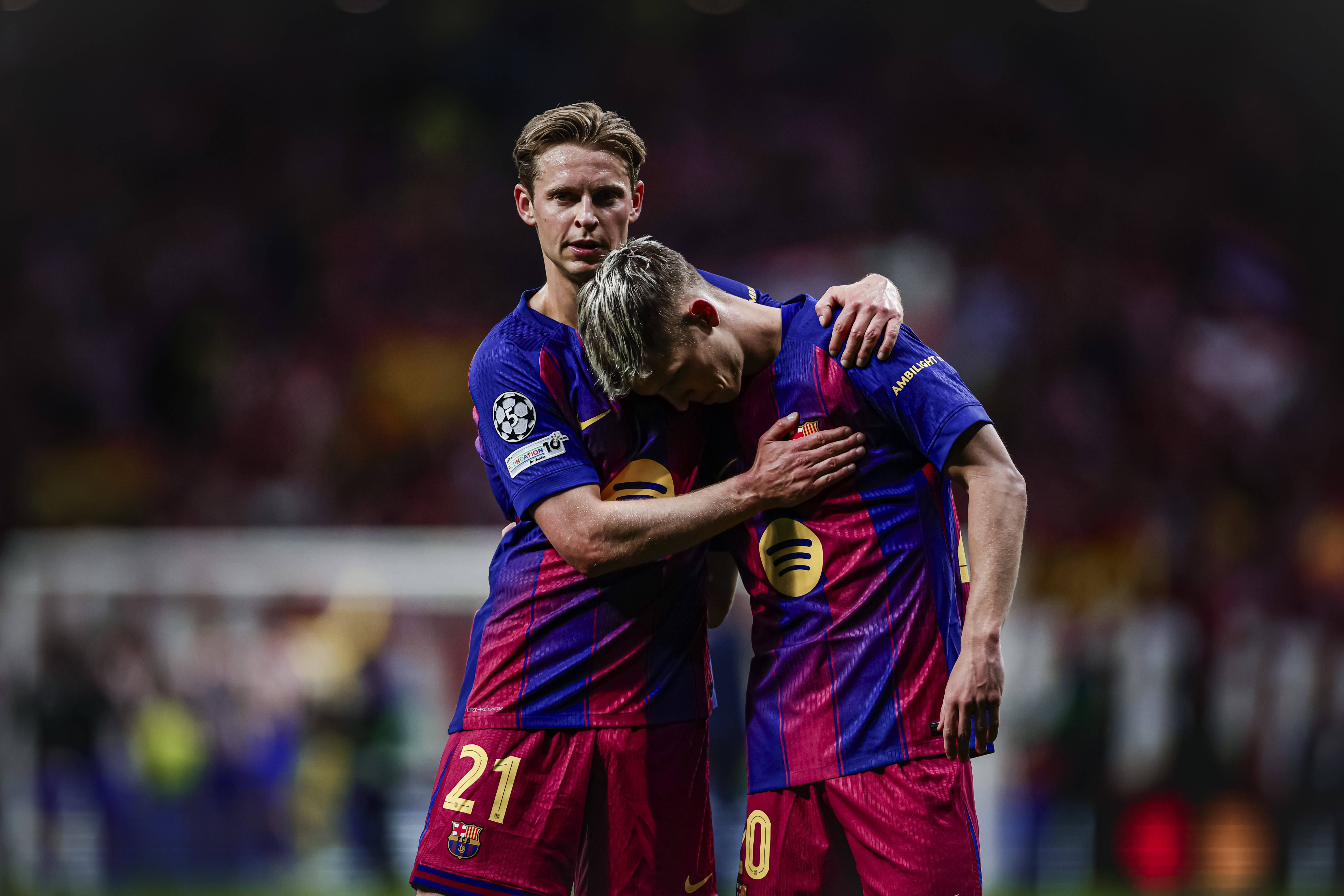 Frenkie de Jong and Dani Olmo of FC Barcelona