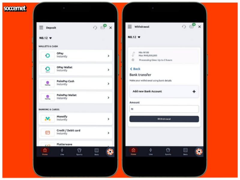 Betano mobile app deposit and withdrawal options.