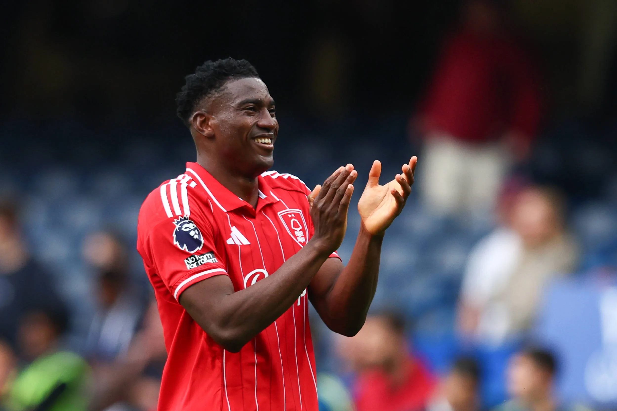 Taiwo Awoniyi of Nottingham Forest applauds the fans after the Premier League match against Chelsea