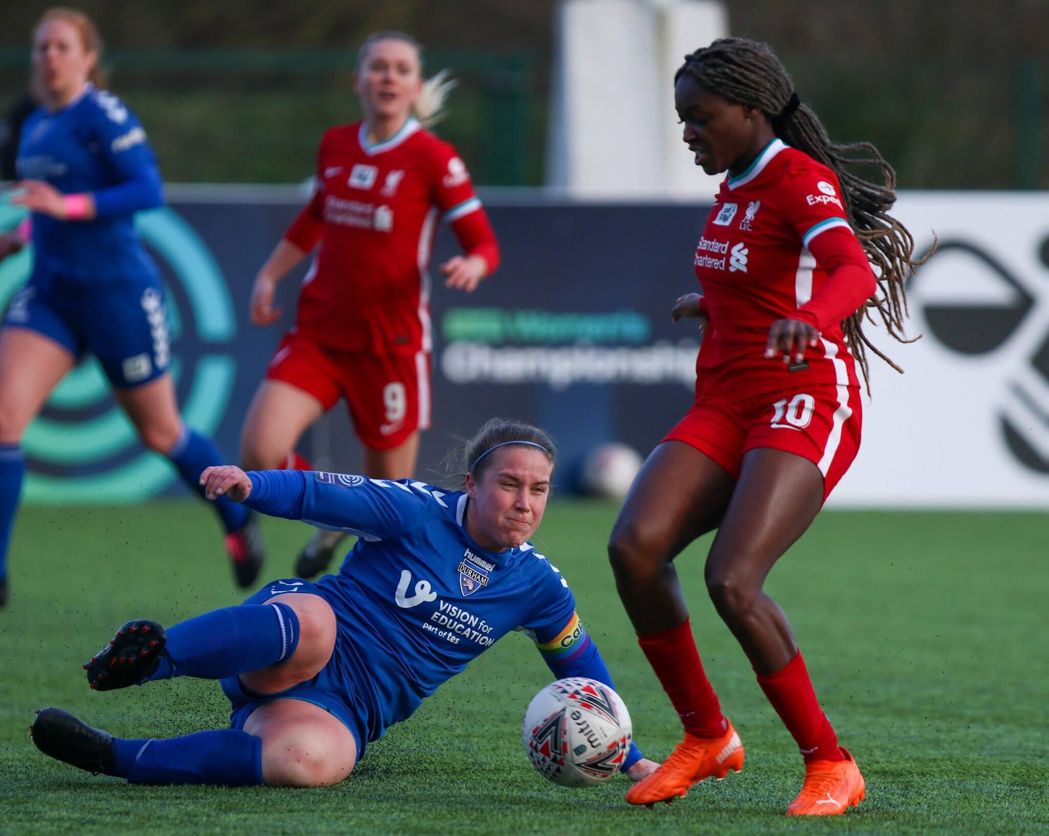 Sarah Wilson of Durham challenges Rinsola Babajide of Liverpool during the FA Womens Championship game
