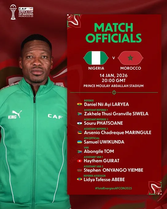 Referees for Nigeria vs Morocco AFCON 2025 semifinal 