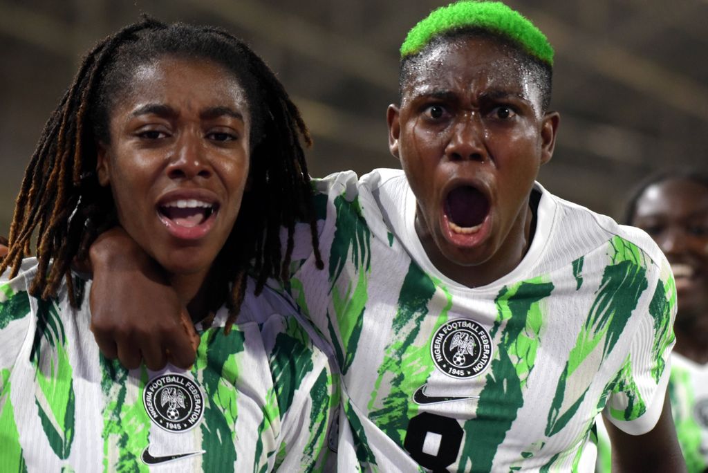 Asisat Oshoala and Onyi Echegini during the 2025 WAFCON Finals match between Morocco and Nigeria at Stade Olympique de Rabat