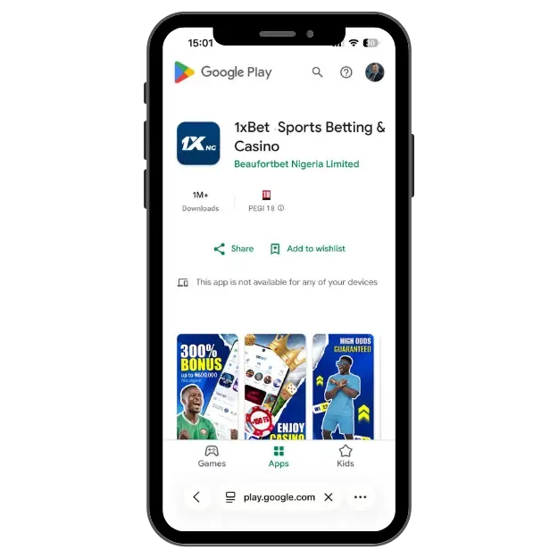 1xBet app page on Google Play Store showing Sports Betting & Casino app by Beaufortbet Nigeria Limited