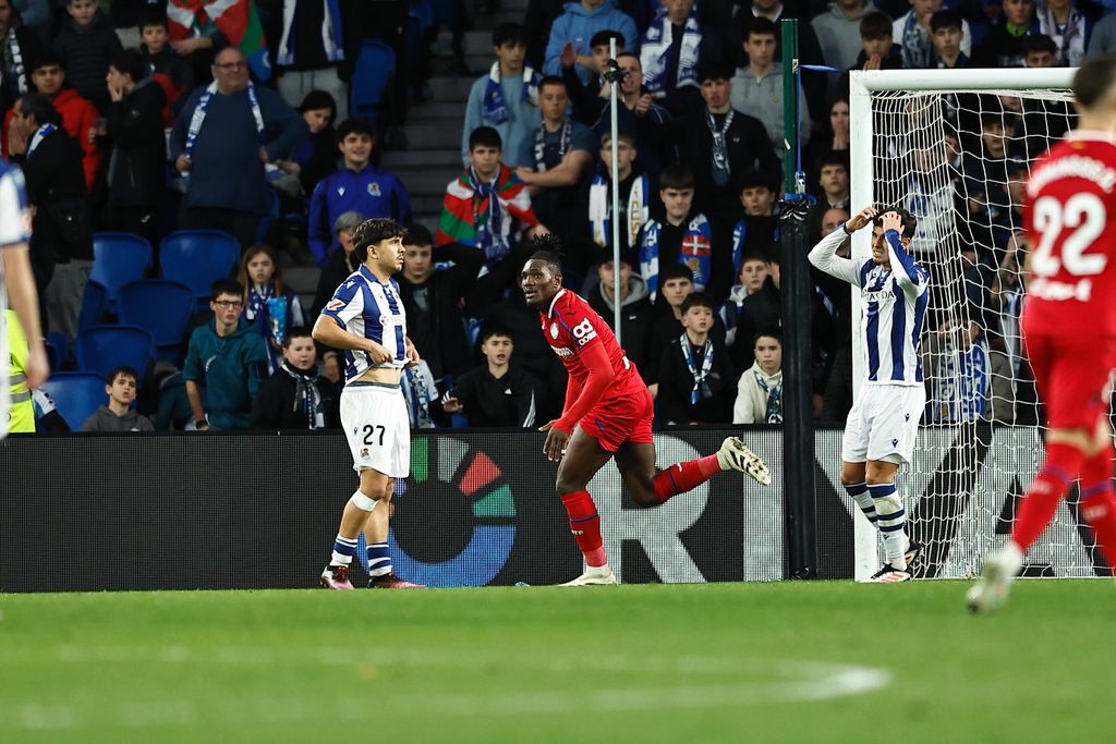 Christantus Uche celebrate after his goal during LaLiga match between Real Sociedad 0-3 Getafe CF at the Reale Arena in San Sebastian