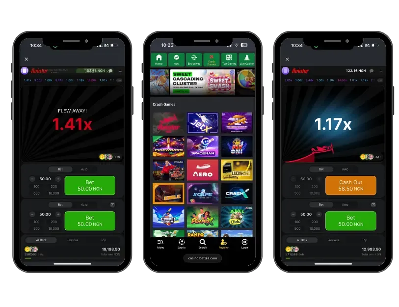 Crash games section on Bet9ja casino with Aviator games in demo mode
