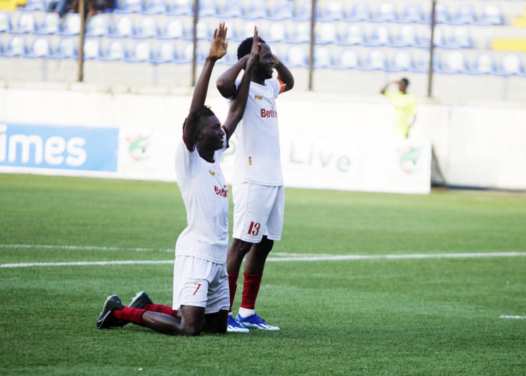 Shola Adelani L and Waliu Ojetoye, both from Ikorodu City, celebrate a goal during match day 14 of the Nigeria Premier Football League NPFL 2024/2025 between Ikorodu City FC and El Kanemi Warriors