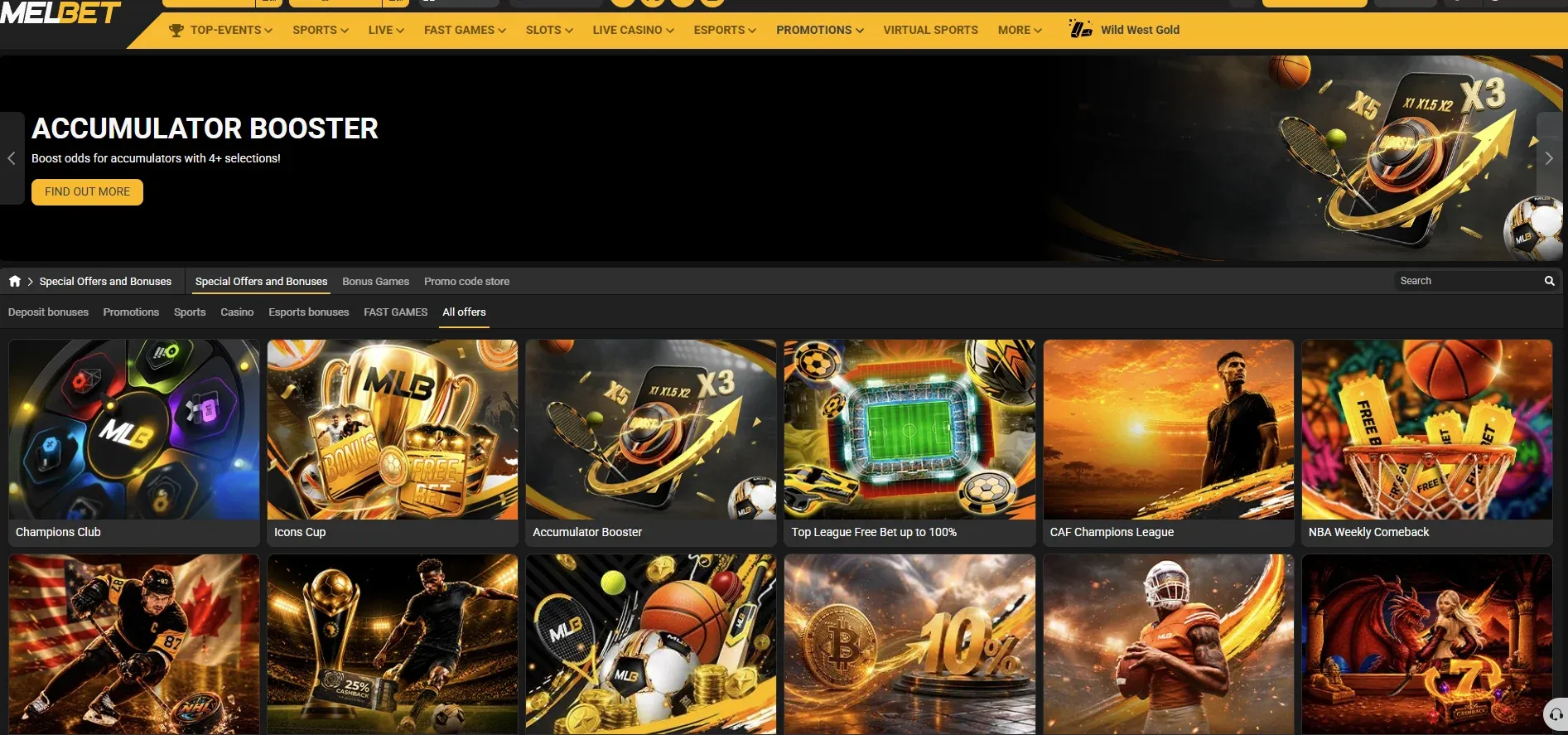 Melbet promo page with offers and bonuses for registered users.