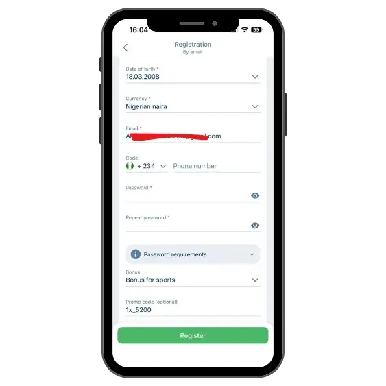 1xBet app registration screen showing email signup form with promo code 1x_5200 and register button