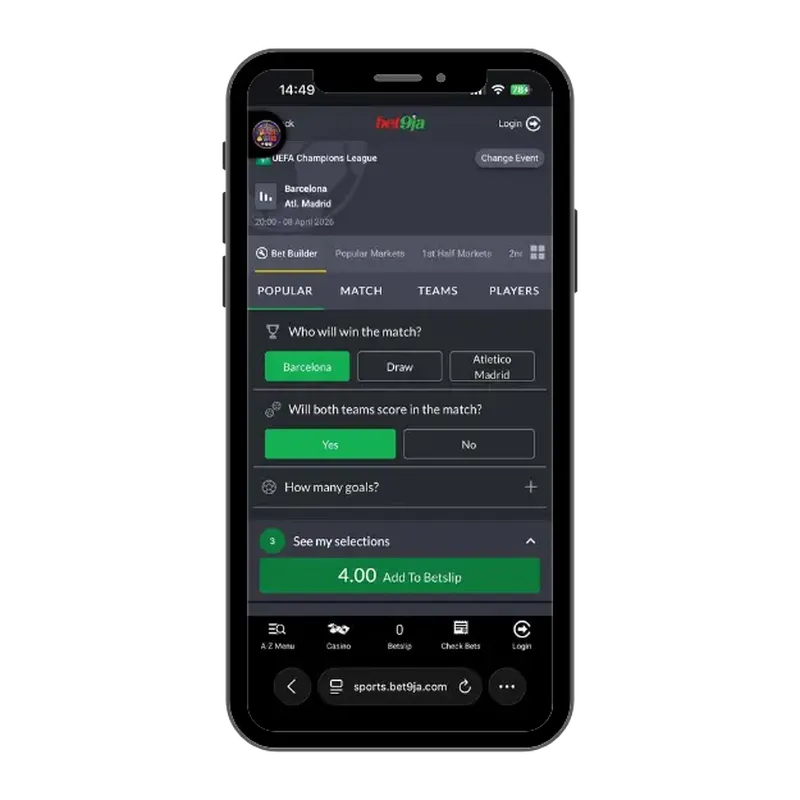 Bet9ja bet builder meaning with match selections and combined odds