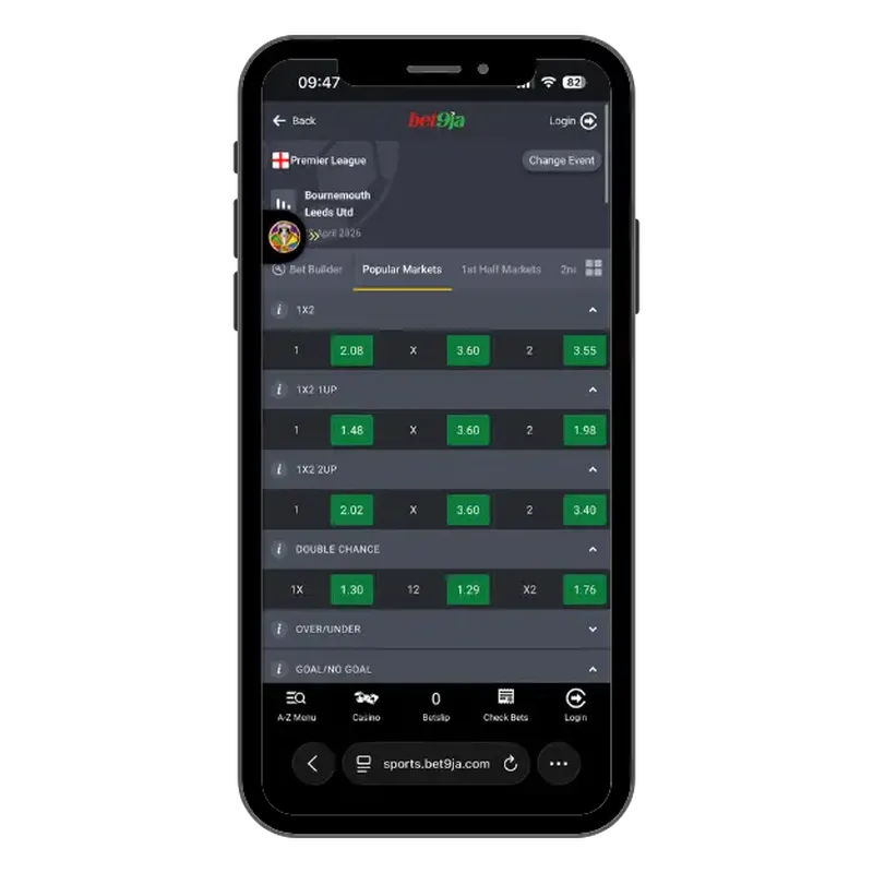 Bet9ja double chance market with 1X, X2, and 12 odds for Bournemouth vs Leeds United, illustrating the meaning of double chance in betting.
