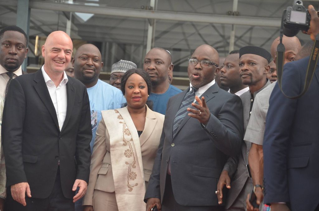 Amaju Pinnick, President of Nigeria Football Federation (NFF) welcomes Gianni Infantino, President of Federation of International Football Associations in Abuja, capital of Nigeria, July 24, 2016