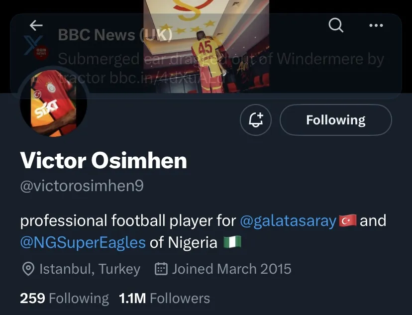 Victor Osimhen changes X bio from Napoli to Galatasaray