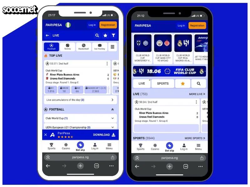Paripesa Nigeria sportsbetting with homepage and listed matches.