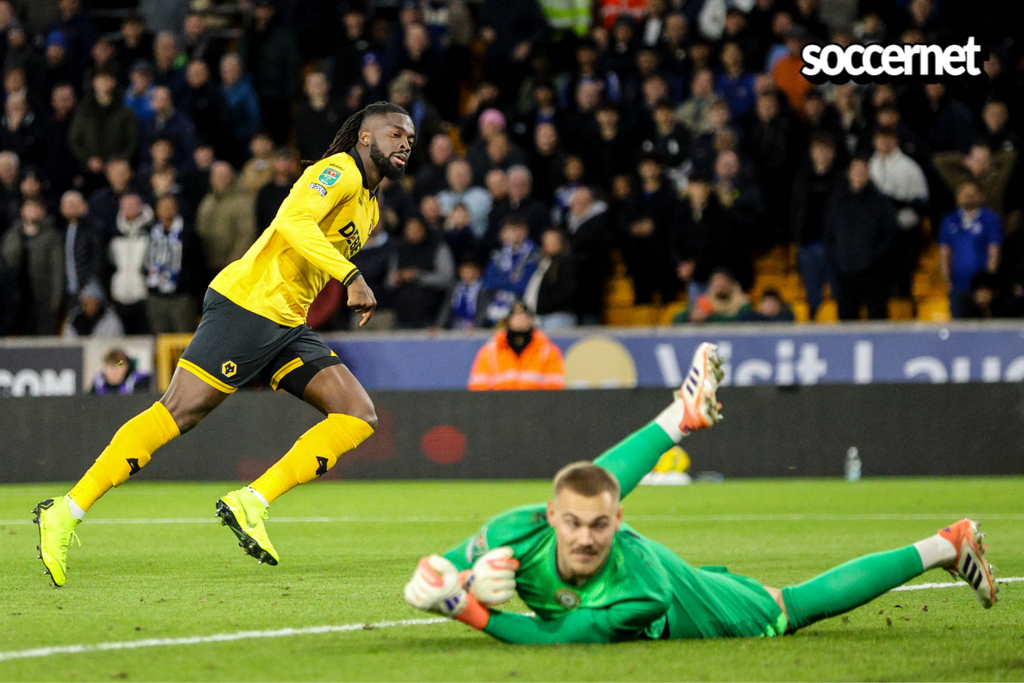 Tolu Arokodare scores for Wolves during the Carabao Cup football match between Wolverhampton Wanderers and Chelsea