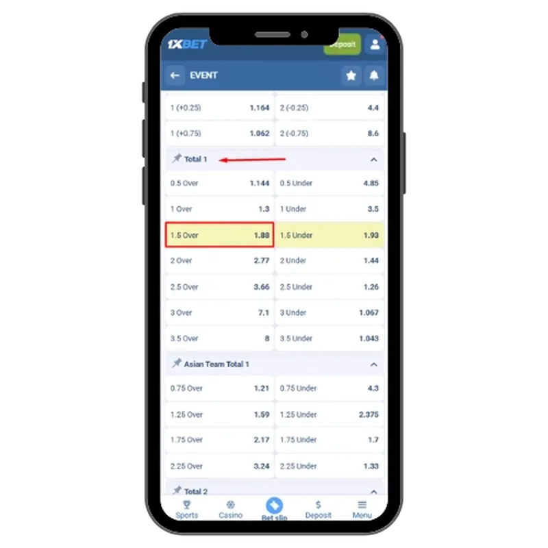 1xBet markets showing odds for Total 1 and 1.5 over.