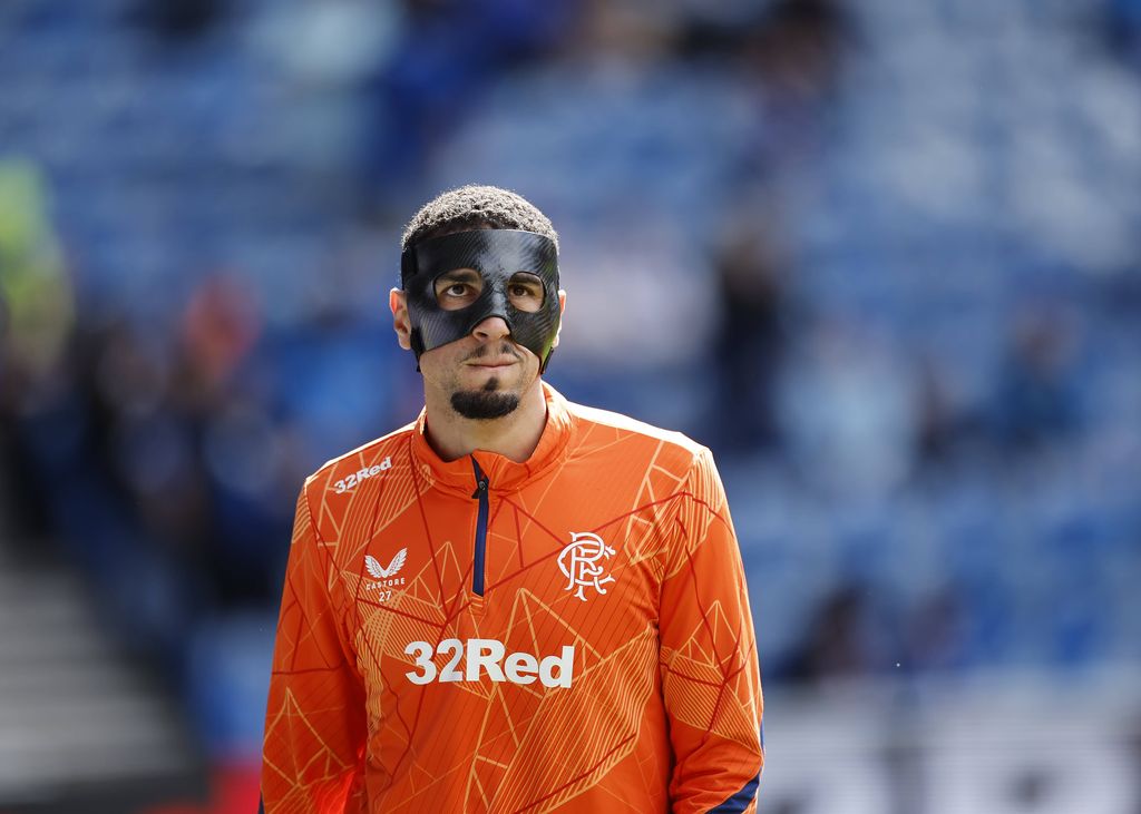 Leon Balogun warms up during the William Hill Premiership match at Ibrox Stadium, Glasgow