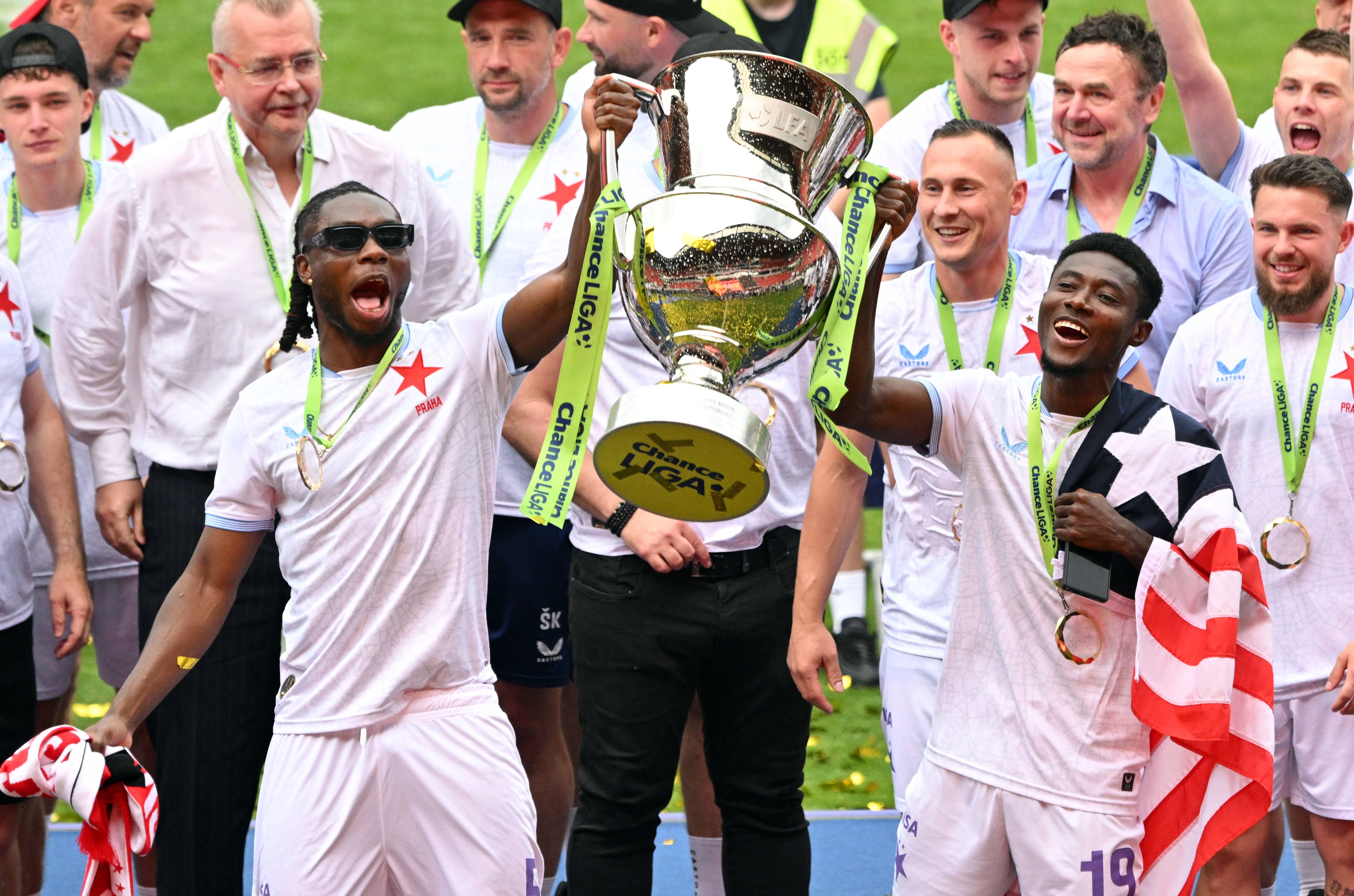 Czech Republic: Slavia Prague players celebrate their league title victory