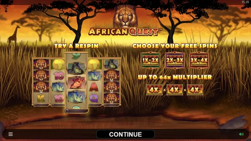 African Quest slot game interface with symbols on the reels, free spins and multipliers.