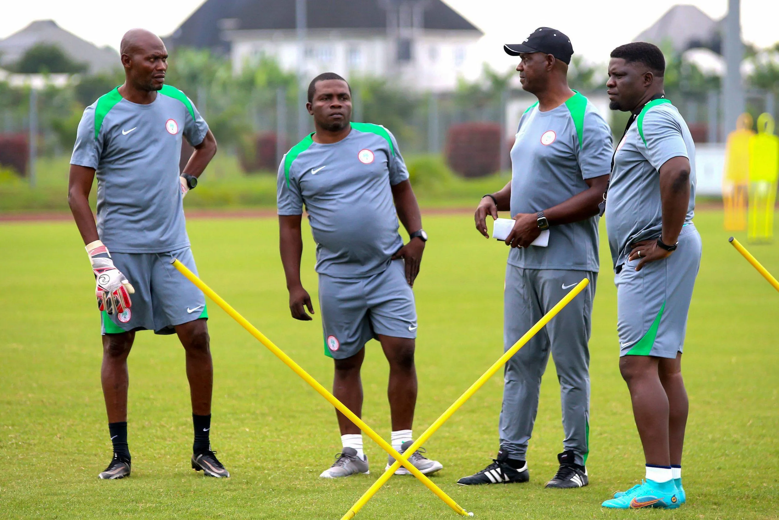 Fidelis Ilechukwu, Daniel Ogunmodede and Austin Eguavoen during the Super Eagles of Nigeria training in preparation for the match against Cheetahs of Benin Republic in a 2025 AFCON qualifier at Godwill Akpabio Stadium